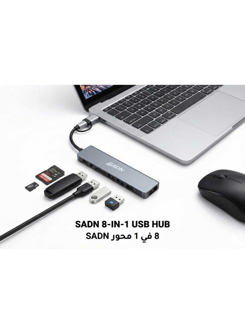 Sadn 8-in-1 USB-C Hub & Docking Station, Dual Connector (USB-C + USB-A Adapter), 4K HDMI, VGA, Gigabit Ethernet, 2x USB 3.0, SD/TF Card Reader, 100W PD Charging Port, Aluminum - Grey - Image 3